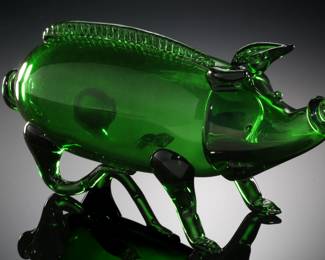 Hand Blown Green Art Glass Pig Decanter Fyllesvin
