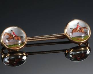 14k Gold Essex Crystal Double Equestrian Brooch Pin Reverse Painted Horse Pin 
