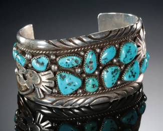 Navajo Tommy Moore Turquoise Cluster & Silver Kokopelli Cuff Bracelet Native American Jewelry SZ 7.5
