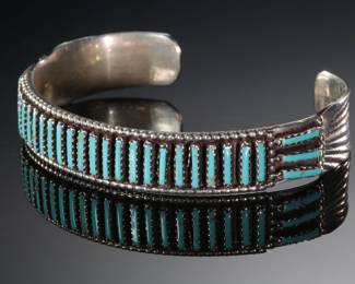 Zuni 1 Row Needlepoint Turquoise & Silver Cuff Bracelet SZ 6.75 Native American Jewelry Signed

