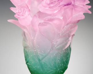 Daum France  Roses Vase 03507 Pate De Verre “Vase Moyen Modele” Crystal Glass 
