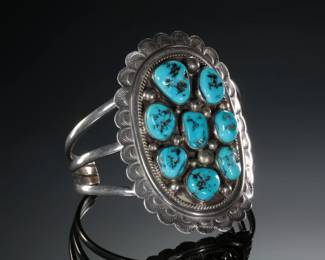 Navajo Tommy Moore Turquoise Cluster Cuff Bracelet Native American Jewelry SZ 6.25
