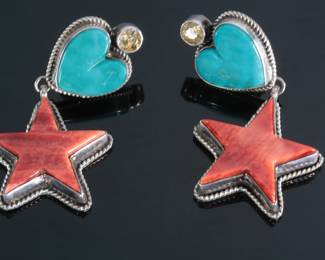 Sharon Sandoval Sterling Silver Turquoise Spiny Oyster Heart & Star Earrings Clip-on
