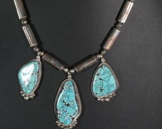 Navajo Apachito Steering Silver & Turquoise Necklace Native American Jewelry 
