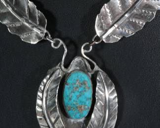 Navajo Silver & Turquoise Leaf Necklace Native American Jewelry 
