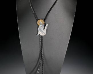 Apache Comanche Mark Jimenez Sterling Silver & Turquoise Howling Coyote Bolo Tie Native American Jewelry 
