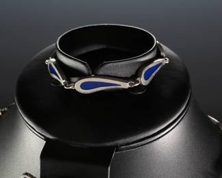 3pc Mexican Sterling Silver & Blue Inlay Necklace Bracelet Earrings Mexico 
