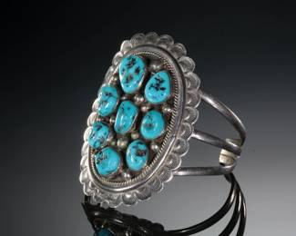 Navajo Tommy Moore Turquoise Cluster Cuff Bracelet Native American Jewelry SZ 6.25
