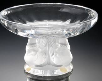 Lalique Crystal  Footed Sparrow Nogent Compote Bowl Glass   Sculpture 
