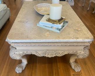Heavy Limestone top of carved wood coffee table