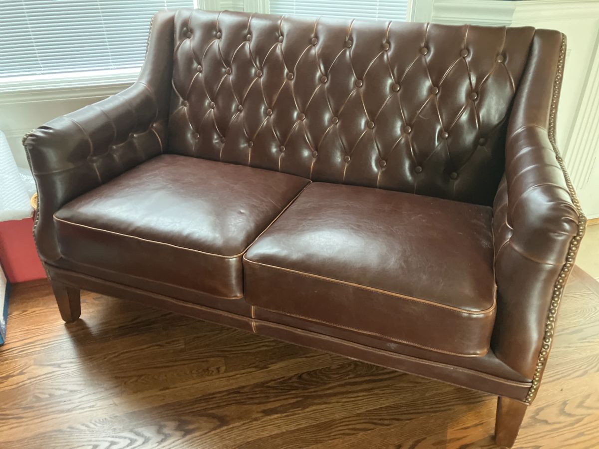 Tufted leather loveseat, Alder and Tweed Furniture Co.