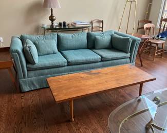 Like new sofa w/ teal upholstery, contemporary modern wood coffee table