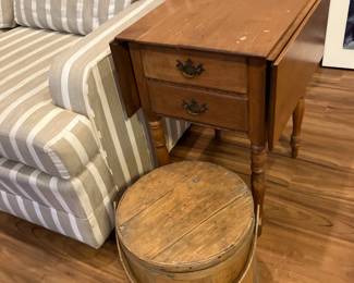 Antique sugar bucket, antique maple end table w dropleaves, Sprague & Carleton