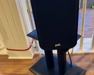 One of a pair of Polk speakers on stands