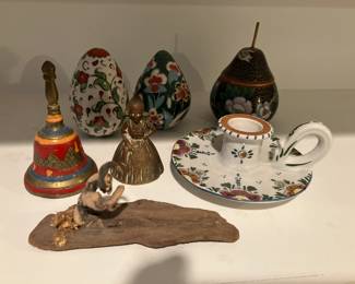 Cloisonne egg, pottery egg, brass bells, driftwood sculpture