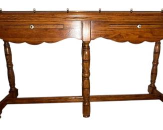 Solid Oak Long Sofa Table w Pull Out Trays 