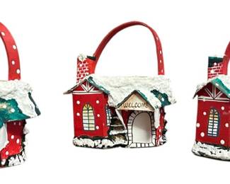 Small Painted Christmas House Baskets 