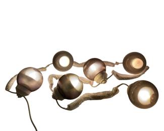 LUGR505 Vintage, New In Box Sunsetter Patio RV Awning Lights String of 6 lamps with brown plastic shades, separated by 12" stands of coiled wire still in original packaging.
