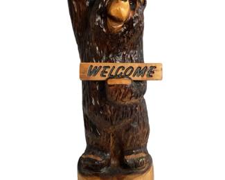 LEMO502 Carved Wood Bear Carved Wood Bear with reversible "welcome/go away" sign. Small mark on platform. 23" tall x 9" wide
