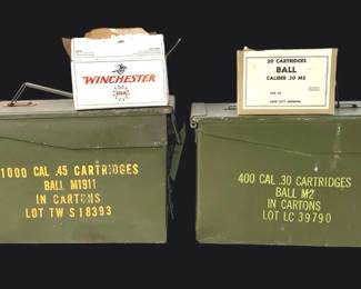 BRDA209 Mixture Of Different Caliber Ammo One of the military ammo canisters is full of unopened.30 caliber ammo. Other military canister has a mixture of caliber ammunition(.30 & .45 and other).
