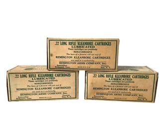 BRDA205 Remington Kleanbore Cartridges 3 boxes of .22 long rifle lubricated ammo. Each case has 500 bullets.&nbsp;
