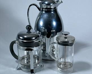 (3pc) COFFEE LOT | Including large hot water/coffee carafe, Bodum French press, and small Iris French press. - h. 11 x dia. 5.5 in (largest)