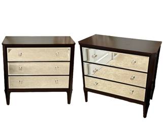 (2pc) PAIR ETHAN ALLEN NIGHTSTANDS | Small chest of drawers / bedside tables, each with a mahogany case and three full width mirrored front drawers with double pulls over tapering legs. - h. 33 x w. 35 x d. 18 in