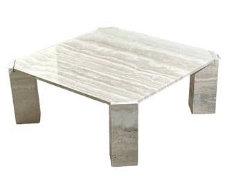STONE INTERNATIONAL TRAVERTINE LOW TABLE | Made in Italy for Euster Associates, Armonk NY, stone coffee table of contemporary design. - h. 15 x w. 41 x l. 41 in
