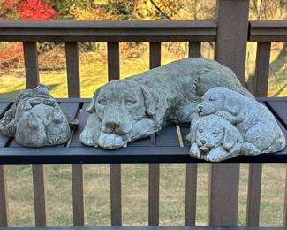 (3pc) CONCRETE GARDEN STATUES | Including: large dog figurine, pair of puppies, and pig with wings. - h. 4 x w. 8 x l. 20 in (largest)
