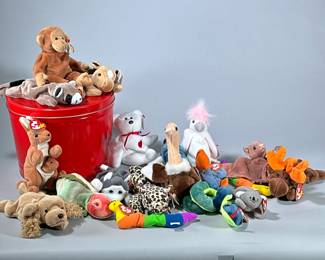(18pc) LARGE LOT BEANIE BABIES | Large of mixed TY beanie babies in a red round tin. - h. 8 x dia. 10 in (tin)