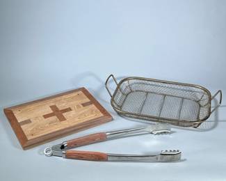 (3pc) GRILL GROUP | Including: grilling tongs, grilling basket, and wood cutting board. - h. 2 x w. 11 x l. 17 in (basket)