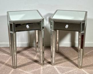 (2pc) PAIR POTTERY BARN MIRRORED SIDE TABLES | Pair of Pottery Barn "Zoe Mirrored Bedside Champagne" nightstands or end tables with angled corners, each with single drawer and a clear faceted glass pull. - h. 25.5 x w. 17 x d. 18 in