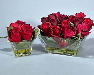 (2pc) FAUX ROSE / ACRYLIC ARRANGEMENTS | Faux floral arrangements in rectangular glass bowls. -  h. 6 x w. 9 x l. 9 in (largest)