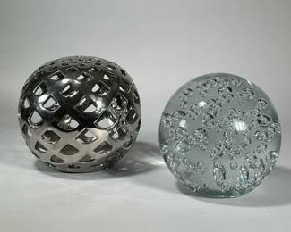 (2pc) CRATE & BARREL GLASS ORB & OTHER | Decorative accents or paper weights, one with a Crate & Barrel label. - h. 7 in (glass orb)
