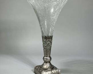 CRACKLED GLASS & METAL VASE |  h. 15.5 in