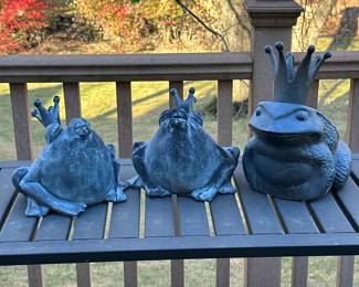 (3pc) OUTDOOR FROG FIGURINES | Garden decorations, including: Cast iron frog with crown, and pair of composition “kissing” frogs with crowns. - h. 11 x w. 8 x l. 10 in (larger)
