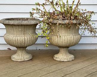 (2pc) PAIR COMPOSITION PLANTER URNS | Pair of composite or formed plastic planter urns with gadrooned design, marked on the bottoms "Montgomery". - h. 20 x dia. 20 in