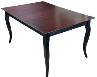 BURMEX EXTENDING LEAF DINING TABLE | Made in Canad, a Bermex carved wood extending leaf dining table with a dark wood top over black painted cabriole legs, with built-in 20-inch leaf hidden inside. - h. 30.5 x w. 40 x l. 60 in