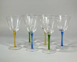 (6pc) COLORFUL AIR TWIST STYLE WINE GLASSES | Stemware glasses with green, blue, and yellow stems. -  h. 8.5 in
