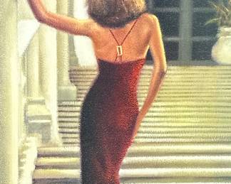 VINCENT GEORGE PRINT | Anticipation. Print on board. 22.5 x 17.25 in. sight. Labeled on back, from Bombay Furniture company. - w. 26.5 x l. 31.75 in (frame)