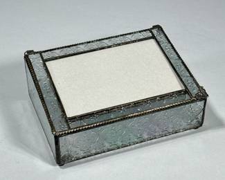 LEADED GLASS PICTURE FRAME TRINKET BOX | Textured decorated glass, with picture frame lid. - h. 3 x w. 8 x l. 6 in
