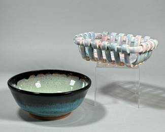 (2pc) ART CERAMICS | Including a bowl and a pastel glazed basket. -  h. 4 x dia. 9.5 in (bowl)