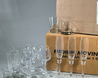(33pc) POTTERY BARN & OTHER GLASSWARE | Large lot of mixed glassware including pottery barn wine glasses, water glasses, rocks glasses, and more! - h. 8.5 x dia. 4 in (largest)