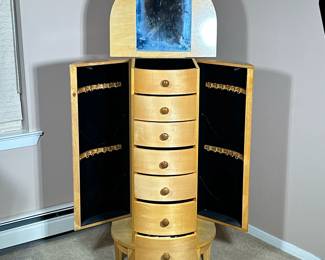 POWELL FITTED JEWELRY CABINET | Jewelry storage chest of modern design, having a flip top with mirror & ring holders over 6 drawers with felt lining and pop-out sides with hooks. - h. 39.5 x w. 19 x d. 16 in