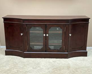 BREAKFRONT CREDENZA CABINET | Media console cabinet, having two cabinet doors centering two glass front doors, with storage shelves throughout. - h. 28 x w. 60 x d. 18 in