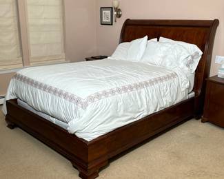 CARVED WOOD QUEEN BED FRAME | Queen bedframe with scrollwork carved headboard with fluted sides, inlaid center and carved skirt. -  h. 56 x w. 67 x l. 94 in