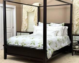 4 POSTER QUEEN BEDFRAME | Mahogany queen canopy bed frame with headboard and four posters & connecting canopy frame. - h. 80 x w. 67 x l. 87 in