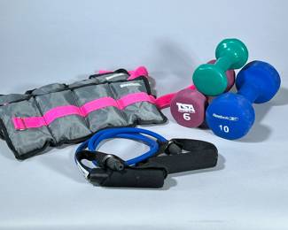 MIXED WORKOUT EQUIPMENT | Including: pair of ankle weights, 3lbs, 6 lbs, and 10 lbs dumbells, and resistance band.