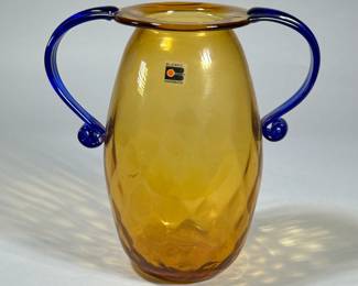 BLENKO BLOWN GLASS VASE | Yellow art glass vase with blue scrolled handles, with label. - h. 9.5 in