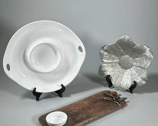 (3pc) DECORATIVE KITCHEN ITEMS | Including a Julia Knight, 12-inch metal bowl, a mud pie cutting board and ramekin with metal leaf decoration, and a CERIART Portuguese chip and dip bowl. - dia. 15 in (largest)